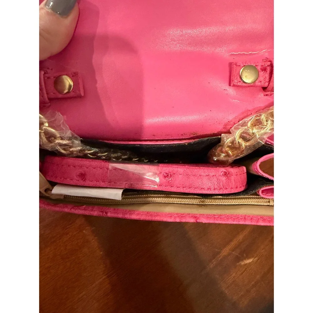 Buxton Pink Ostrich Embossed Wallet Clutch Crossbody Gold Chain Bag